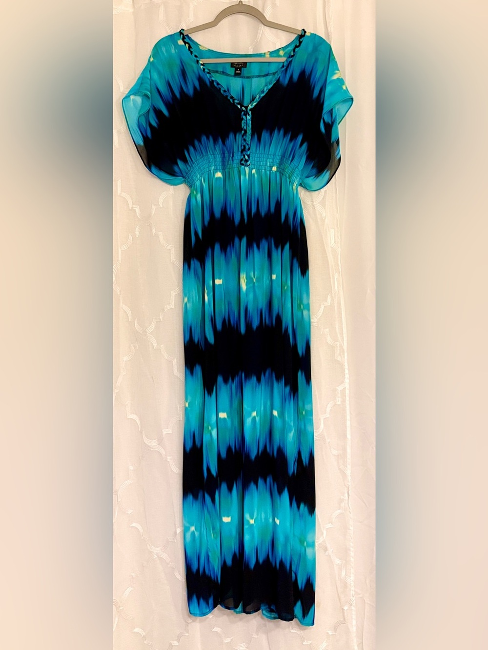 Nicole Miller Blue Abstract Maxi Dress Size 4 | Beaded Empire Waist Resort Dress